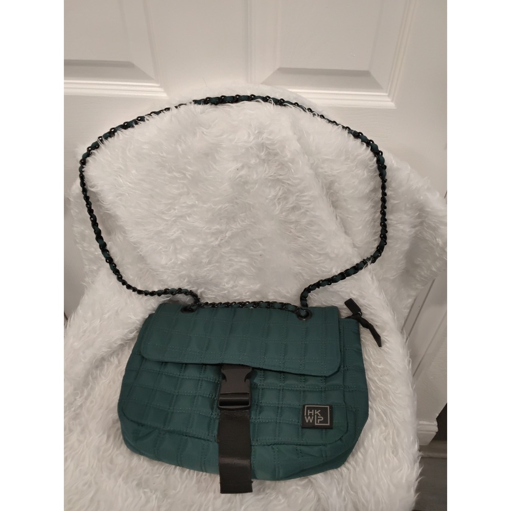 HKWP Quilted Crossbody Bag Teal Green Chain Strap Buckle Closure